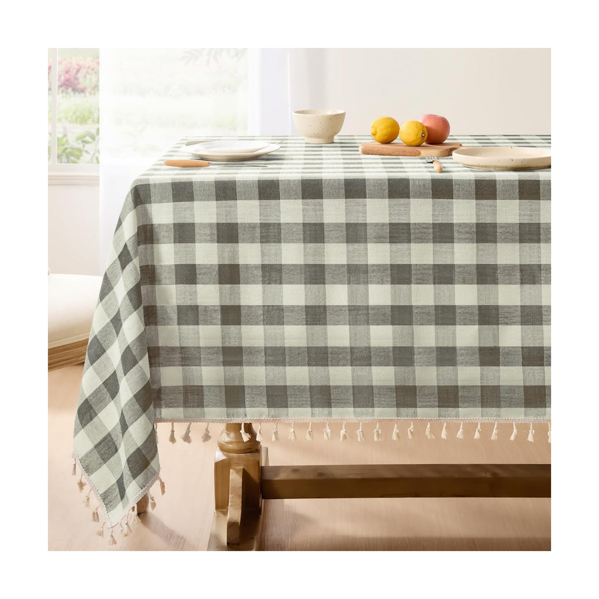 Softalker Gingham Rectangle Tablecloth with Tassel, Coffee, 55" x 120"