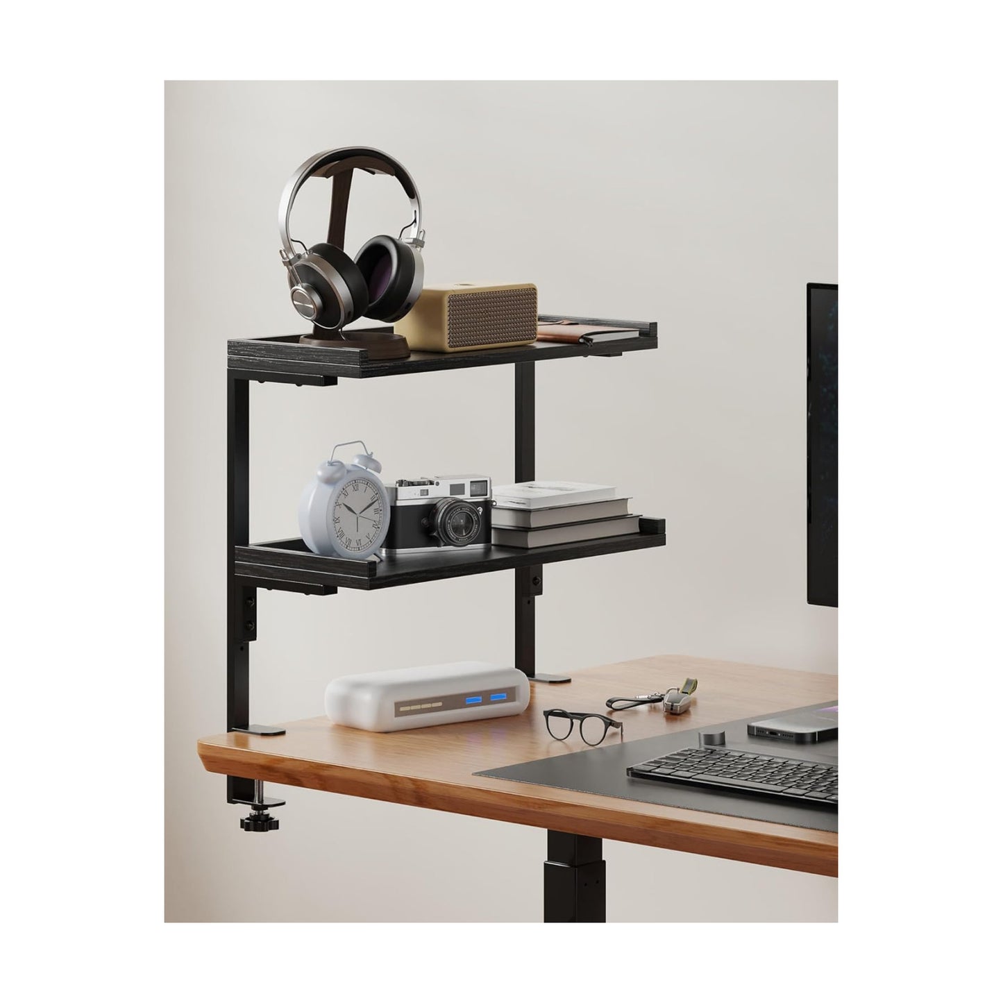 Clamp On Desk Shelf 2-Tier, 16.5 in Wood Shelving Unit for Office Desk/Gaming Accessories, Tabletop Book Storage Rack