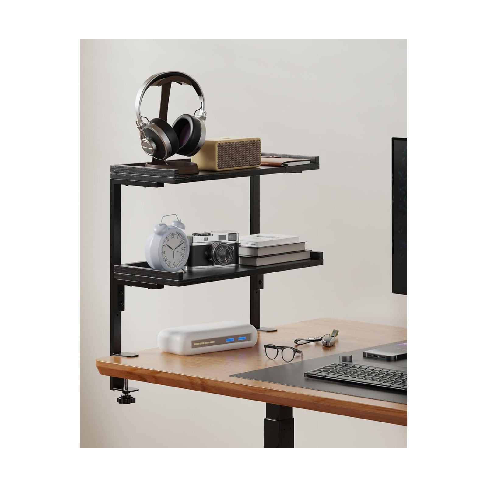 Clamp On Desk Shelf 2-Tier, 16.5 in Wood Shelving Unit for Office Desk/Gaming Accessories, Tabletop Book Storage Rack