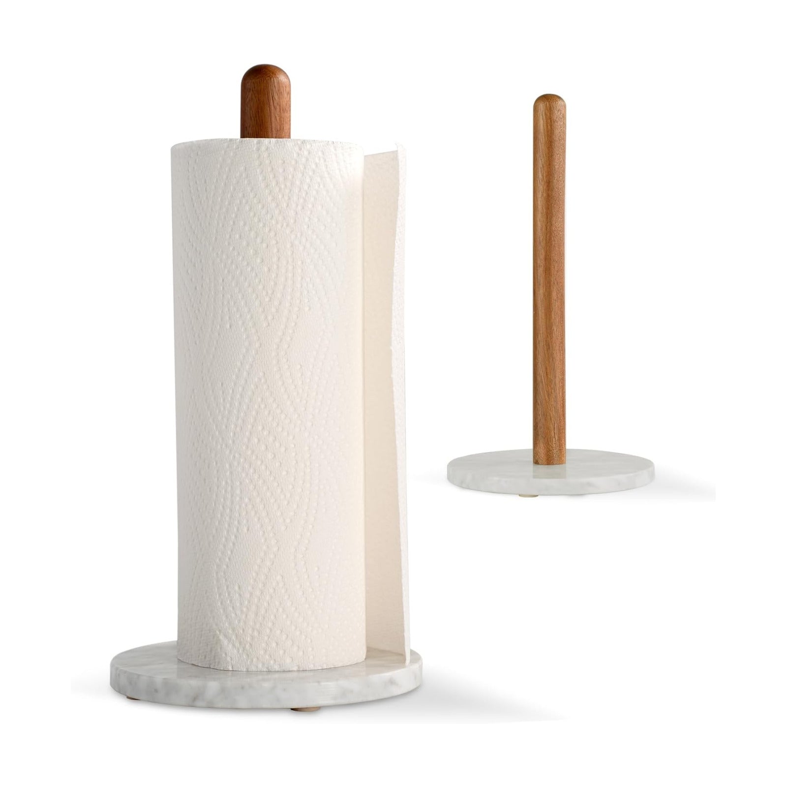 Acacia Wood & Marble Paper Towel Holder – Freestanding Paper Towel Holder for Countertop, Weighted for One-Handed Use
