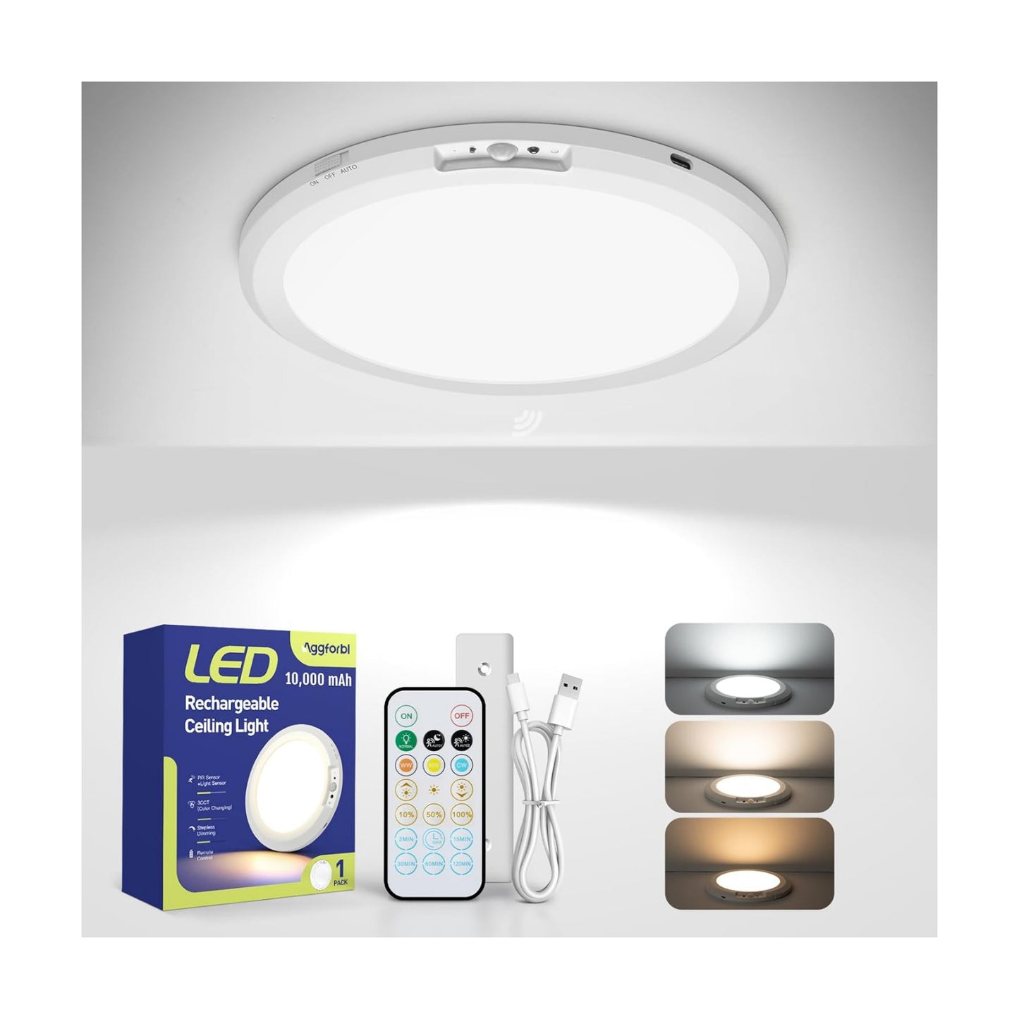 10000mAh Rechargeable LED Motion Sensor Ceiling Light with Remote | 7.09" Wireless Lights Waterproof Shower
