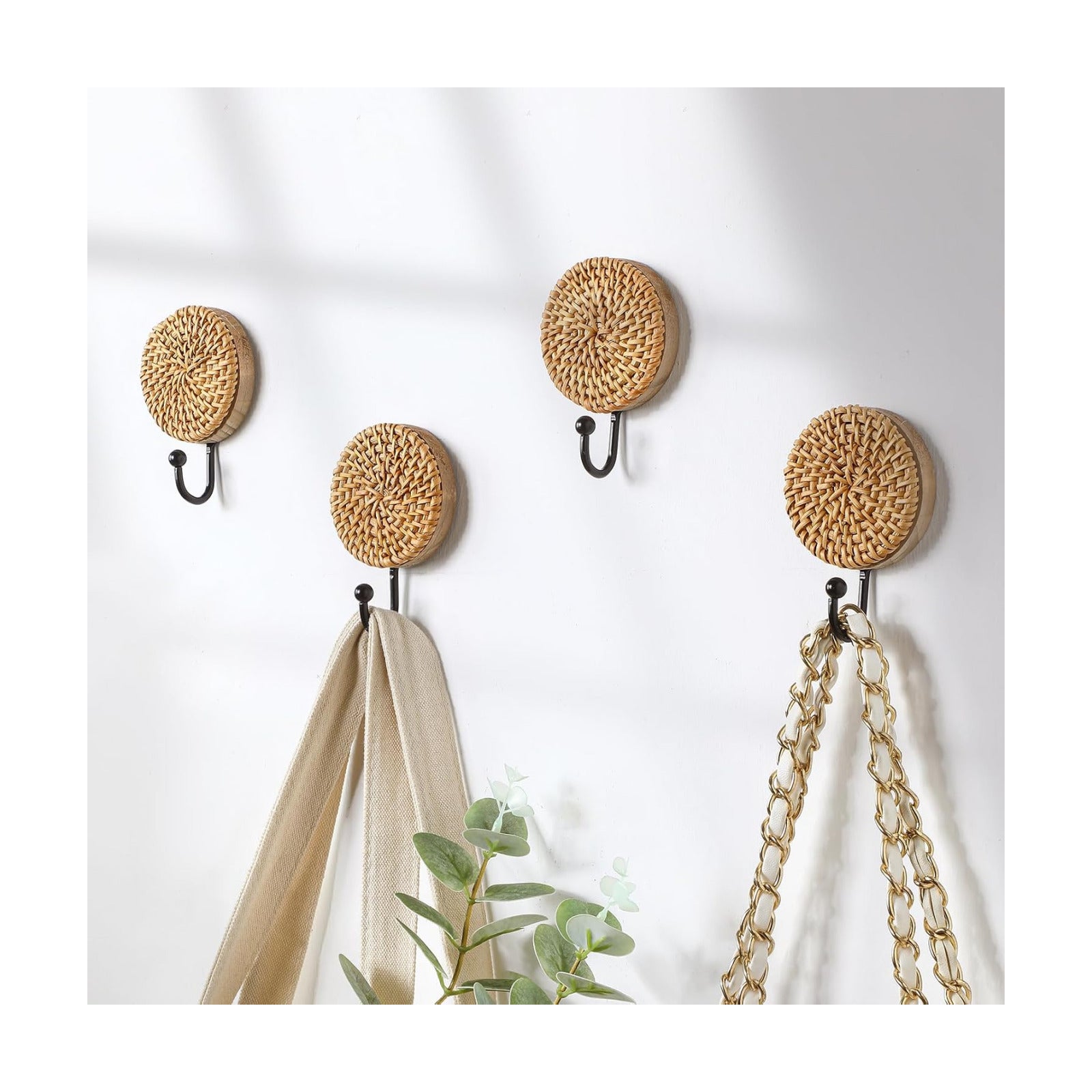 Boho Rattan Wall Towel Hooks Decorative Woven Hanging Holder Farmhouse Coat Rack / Round / Set of 4