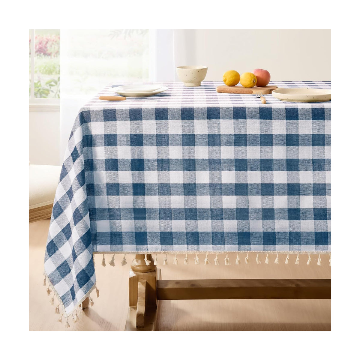 Softalker Gingham Rectangle Tablecloth with Tassel, Navy Blue, 55" x 102"