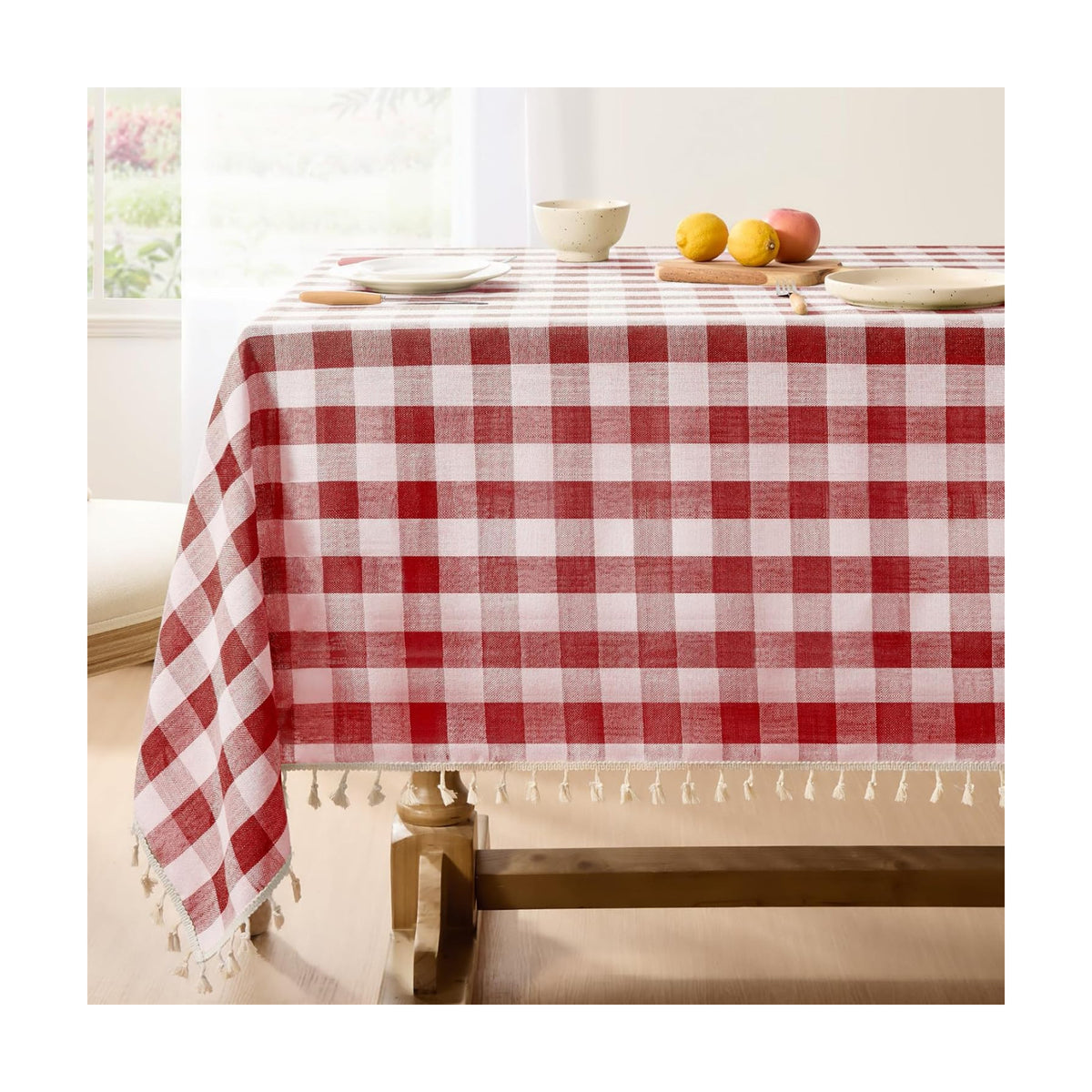 Softalker Gingham Square Tablecloth with Tassel, Red, 55" x 55"