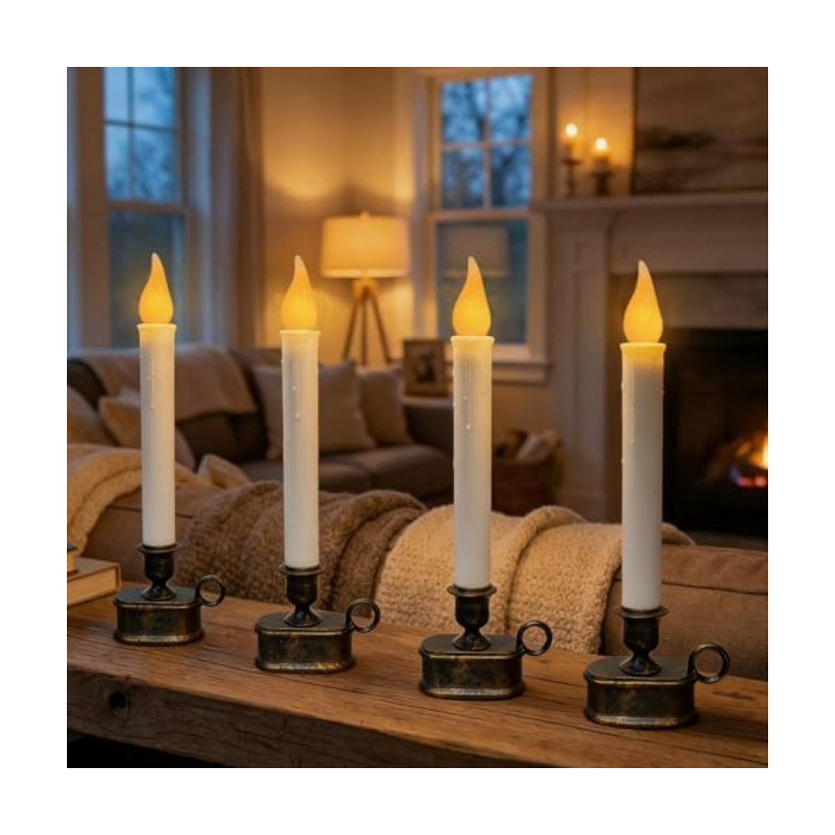 4 Pack Christmas Window Candle Lamps, Flameless Flicker LED Lights and Bronze Base, Dusk to Dawn Light Sensor, 10 Inch Battery Powered Window Candle for Dinners, Table, Party, Valentines Decorations