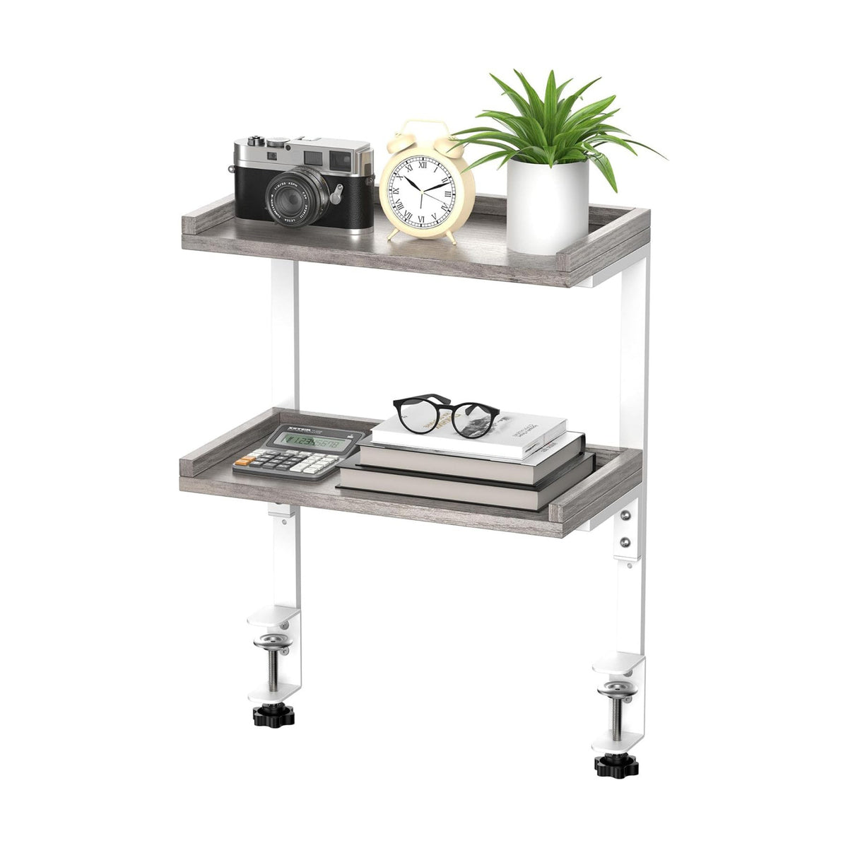 Clamp On Desk Shelf 2-Tier, Wood Shelving Unit for Office Desk/Gaming Accessories, Tabletop Book Storage Rack, Shelf