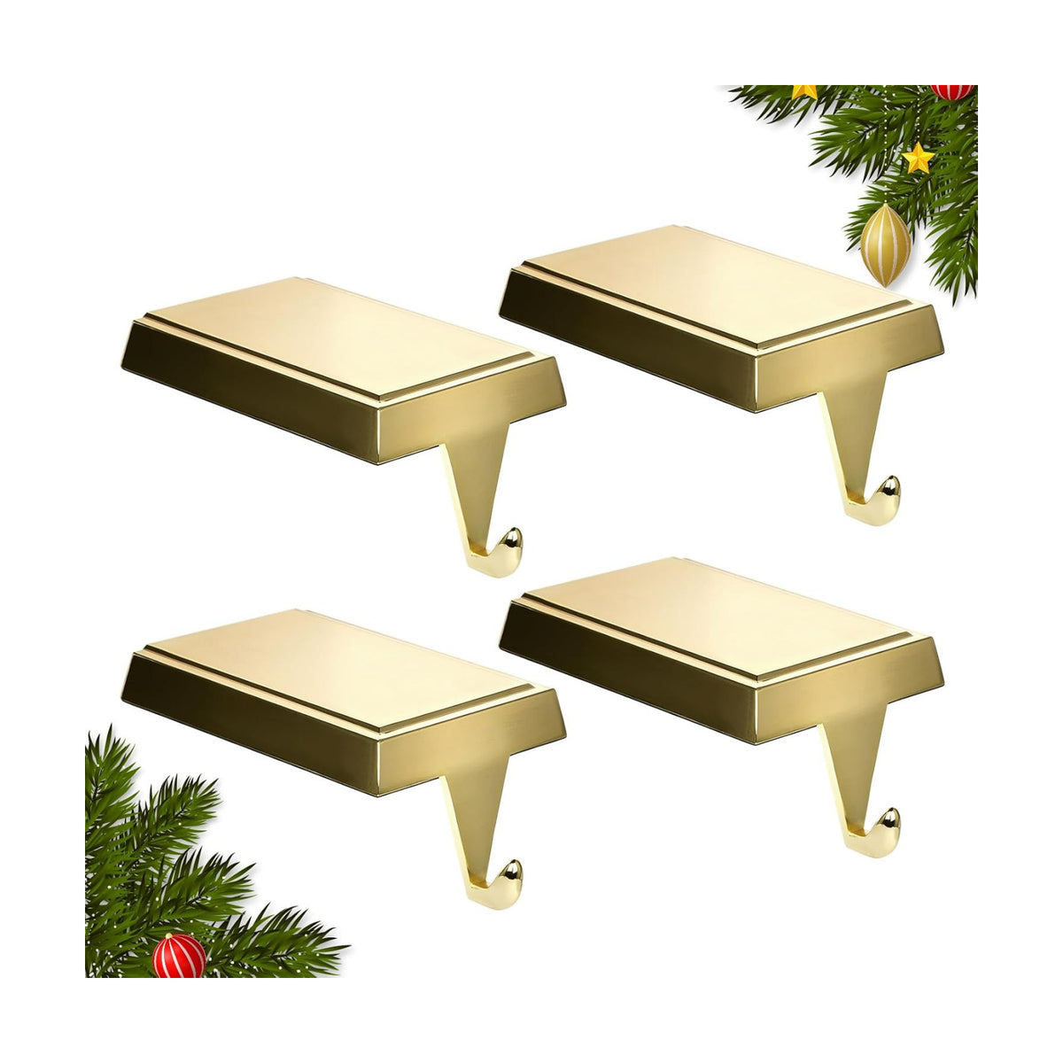 4-Pack Christmas Stocking Holders for Mantel, Weighted Metal Hooks, Gold