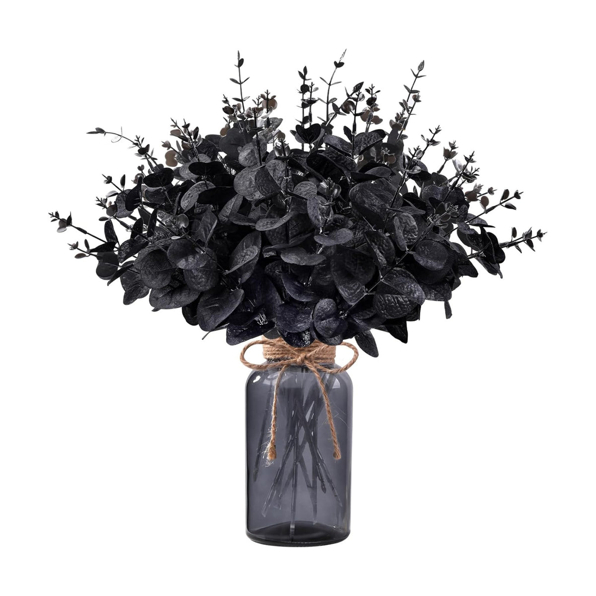 DIYDEC 12Pcs Black Eucalyptus Stems Flowers with Glass Vase for Table Decor