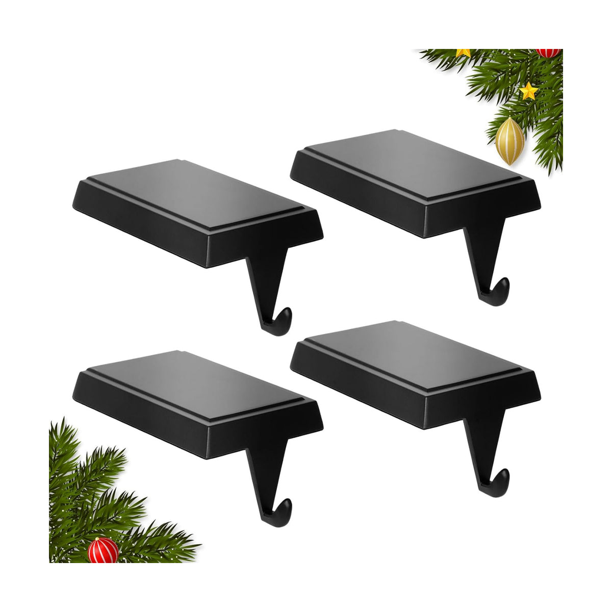 4-Pack Christmas Stocking Holders for Mantel, Weighted Metal Hooks, Black
