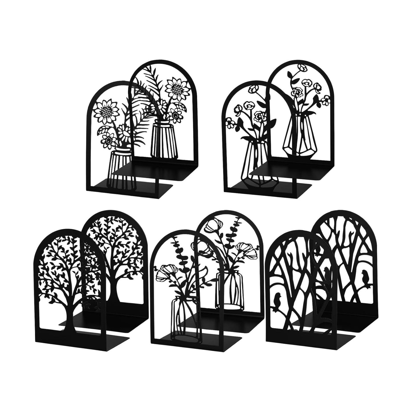 Metal Bookends / Tree and Flower Book Stoppers / Classic / Black