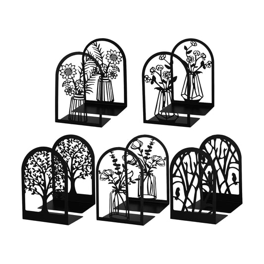 Metal Bookends / Tree and Flower Book Stoppers / Classic / Black