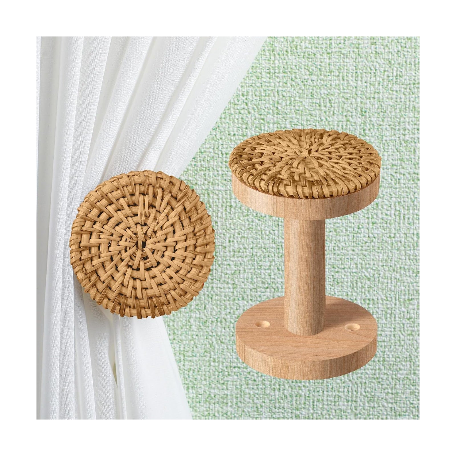 Boho Curtain Holdbacks Rattan Tiebacks Coastal Curtain Holdbacks for Curtains / Round / Set of 2