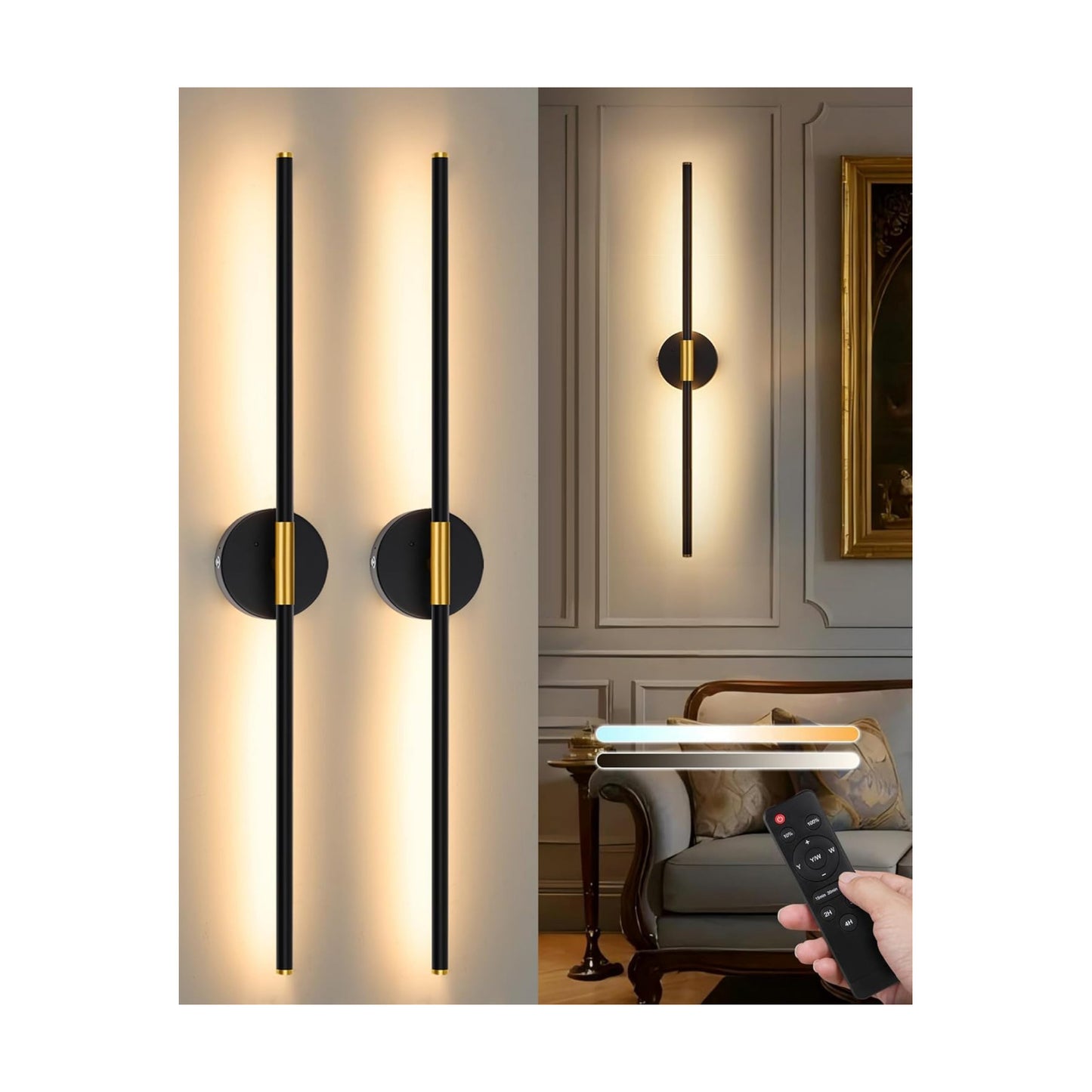 32" Battery Operated Wall Sconce Set of 2, Black Gold Wall Light | Wireless, 8000mAh Rechargeable Battery, Stepless