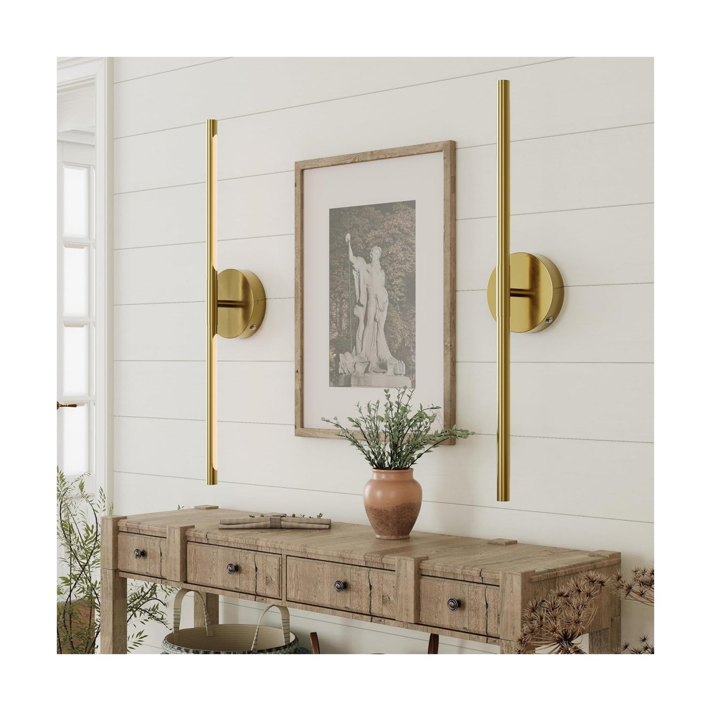 24" Battery Operated Wall Sconce Set of 2, 350° Rotating Lamp, Gold | Wireless, 8000mAh Rechargeable Battery, Stepless
