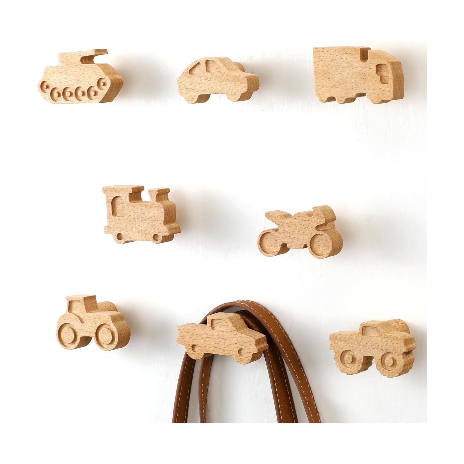 Kids Coat Hooks Wall Mount Car Shaped Wooden Coat Rack for Kids Room Nursery Wood / Cars / Set of 8
