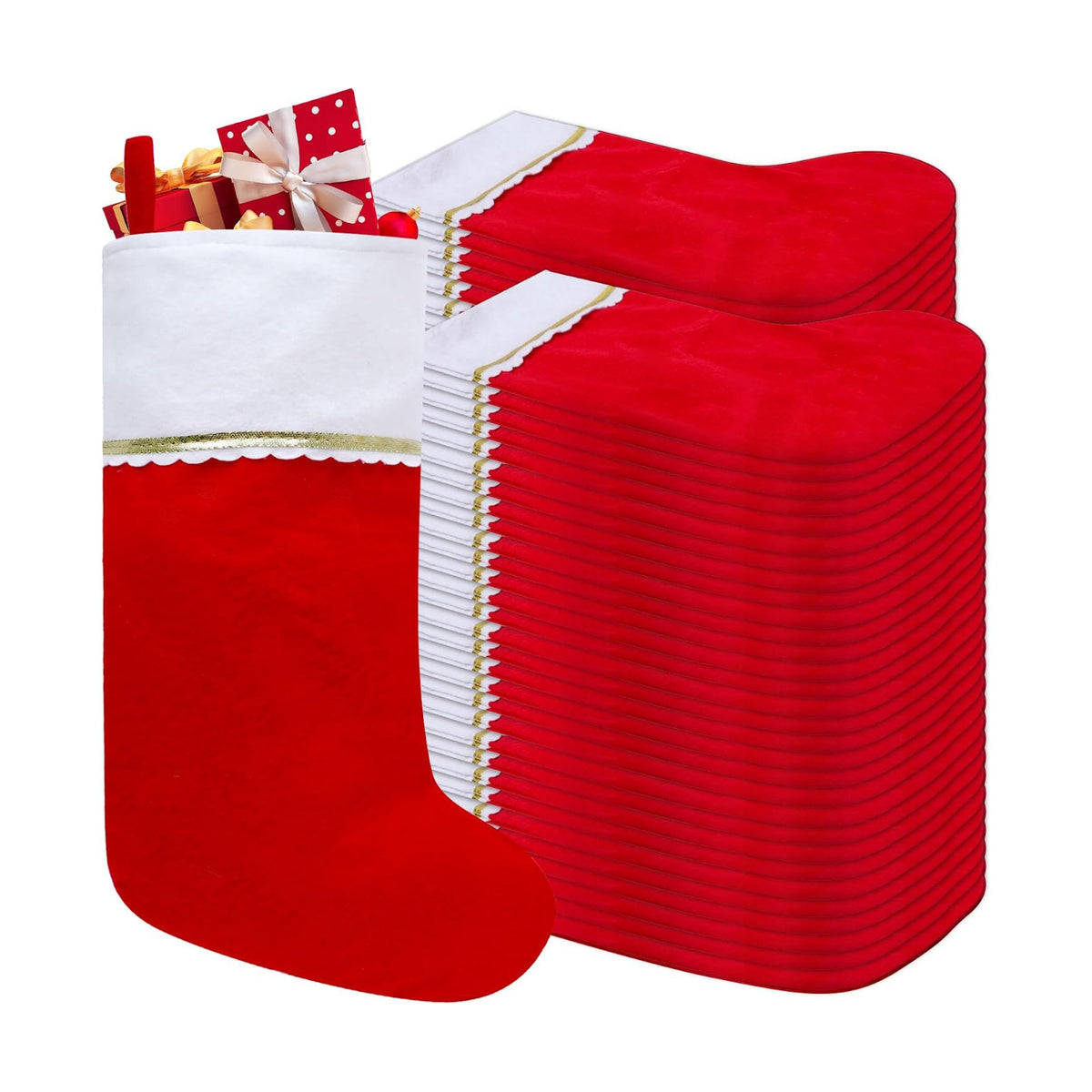 100 Pack Felt Christmas Stockings, 19 Inches Red and White Christmas Stockings Hanging Ornaments, White Cuff with Gold Trim Christmas Stockings for Family Christmas Holiday Decorations