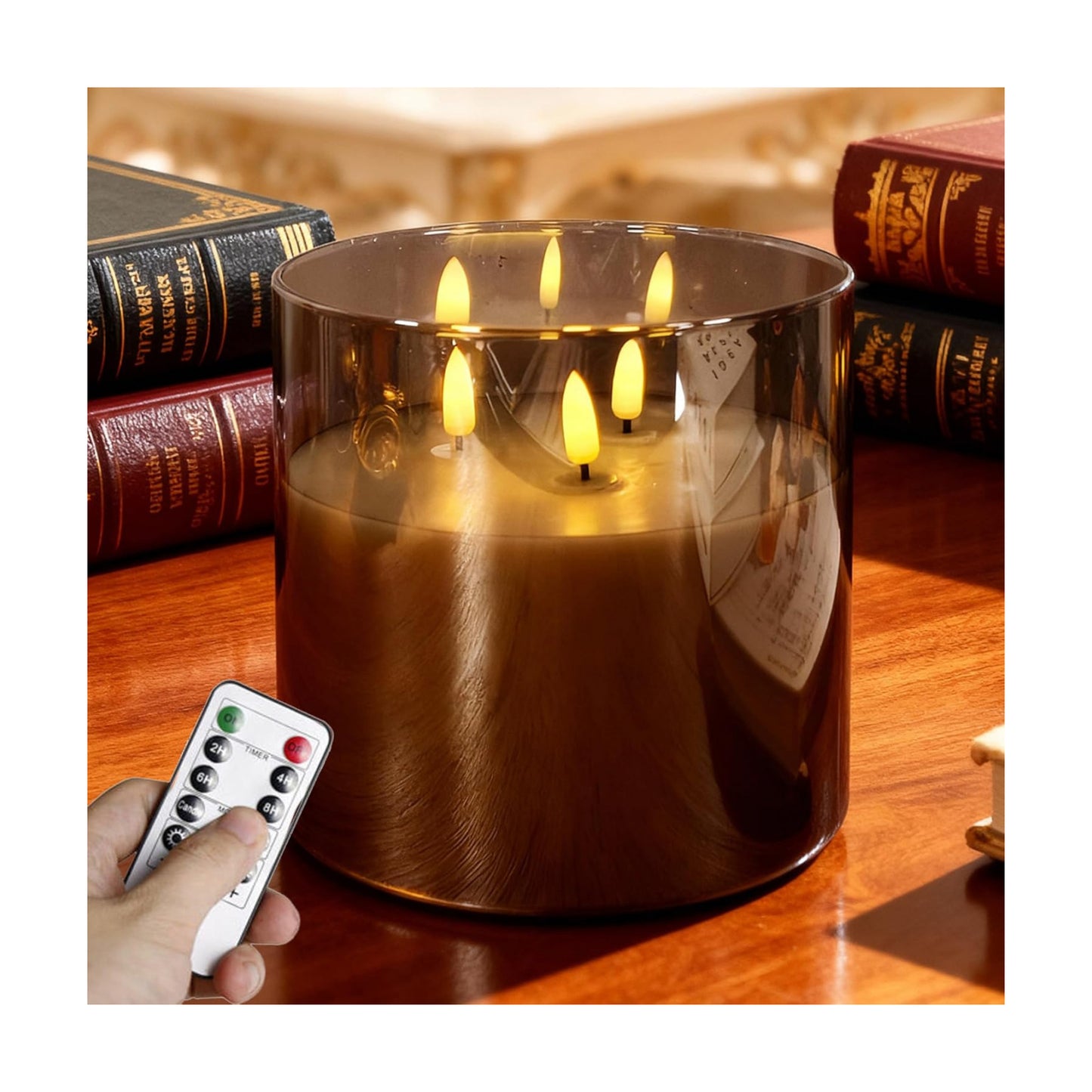 NICEME Extra Large 3 Wick Battery Operated Candle, 6"x6" Big Clear Glass Flameless Candles with Remote, Real Wax