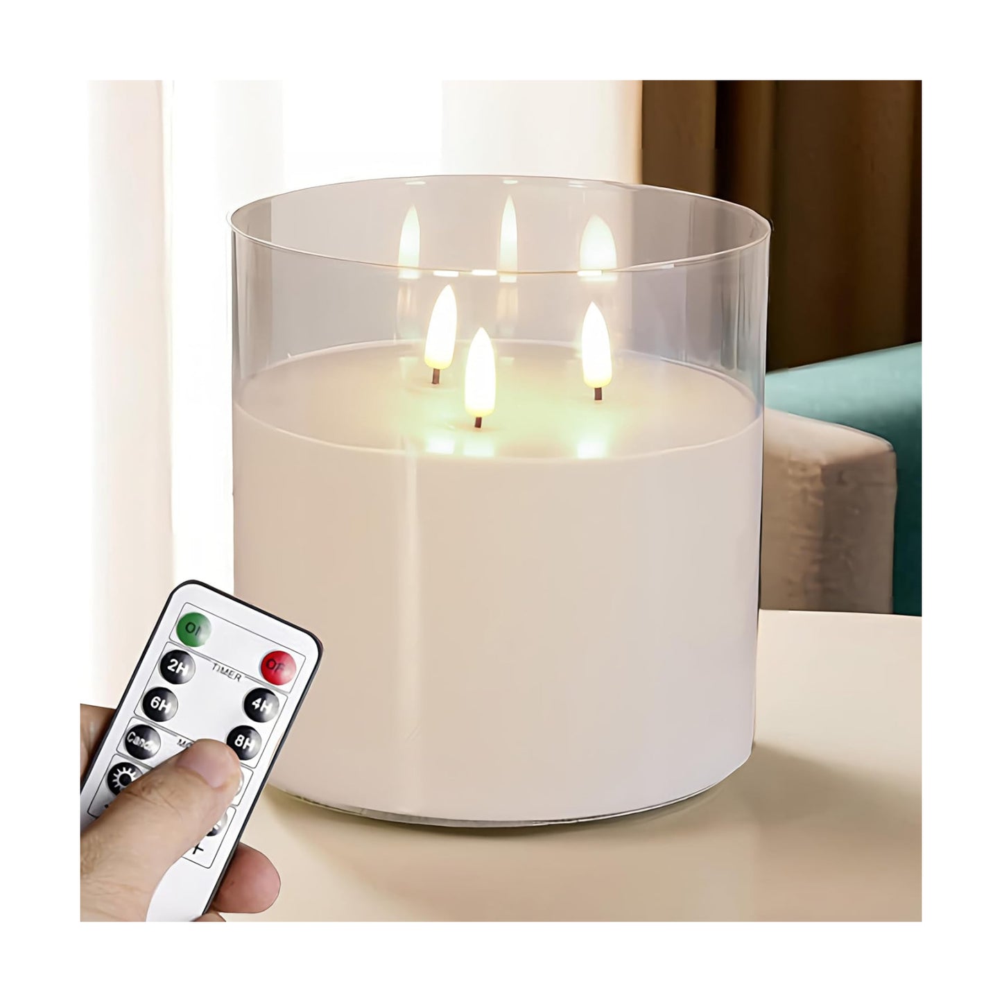 NICEME Extra Large 3 Wick Battery Operated Candle, 6"x6" Big Clear Glass Flameless Candles with Remote, Real Wax