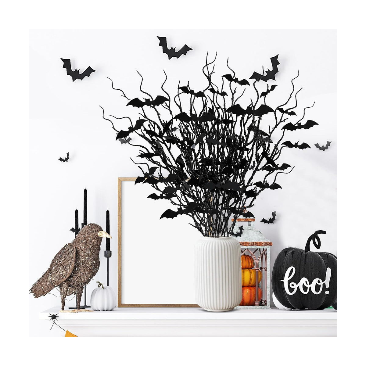 Sggvecsy 15 Pcs Artificial Halloween Glitter Stem with Black Bats Faux Picks Curly Willow Branches Decorative Glitter Sticks Twigs for Halloween DIY Crafts Festival Home Decoration
