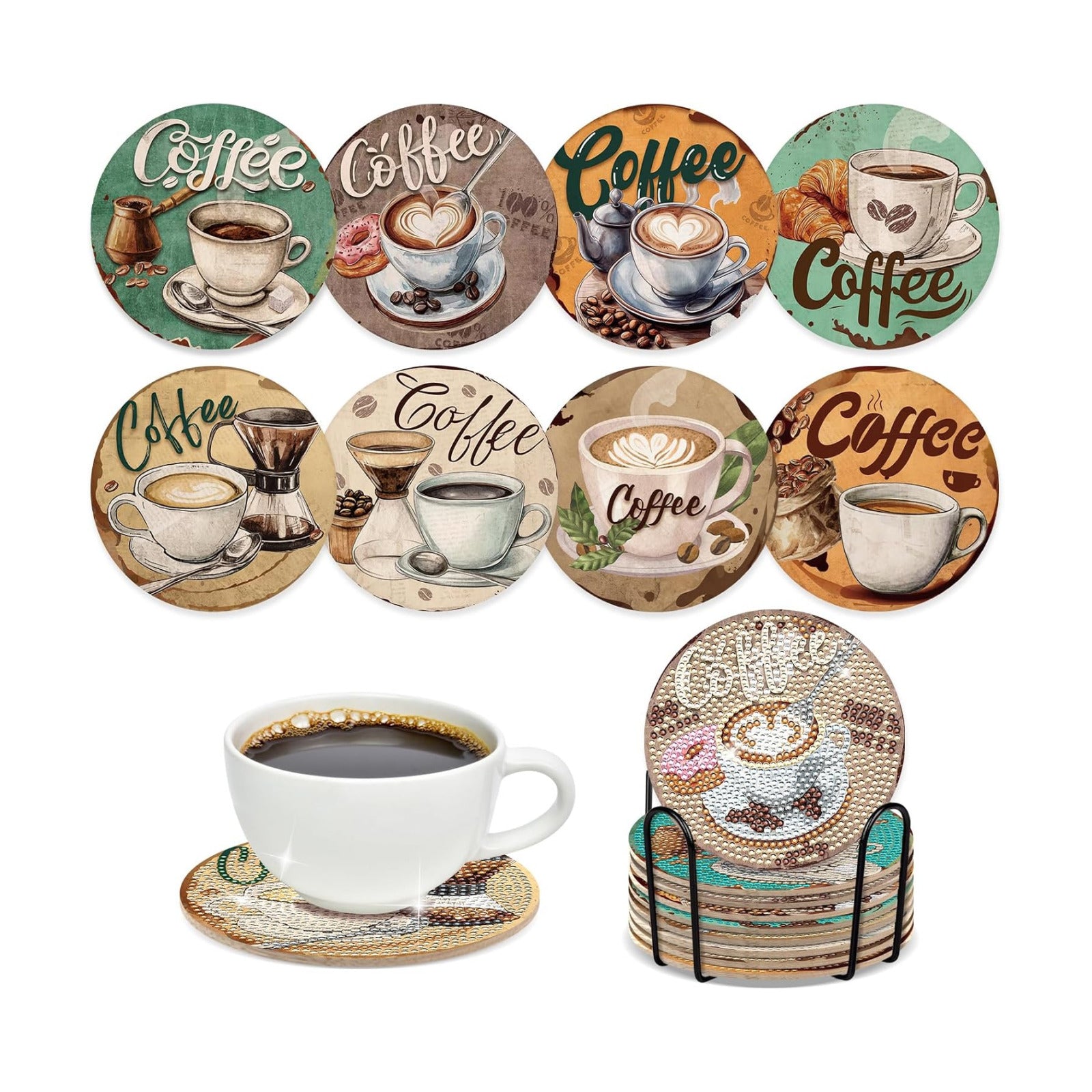 DIY Vintage Diamond Art Coaster Cup Themed Art Craft Kit / Coffee / Set of 8