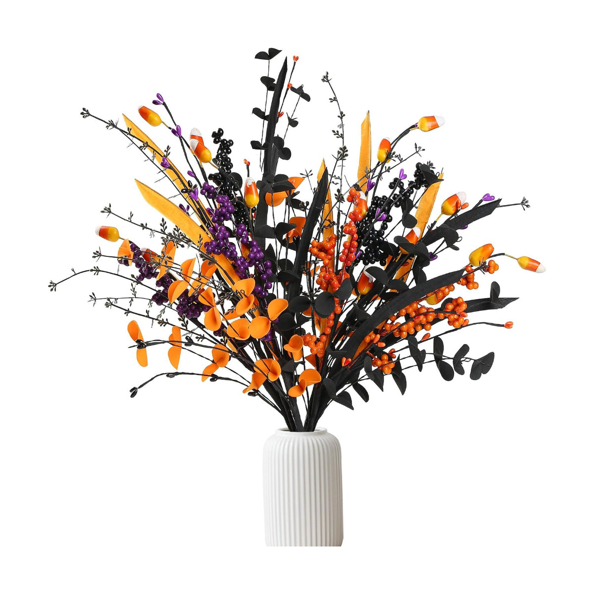 Sggvecsy 6 Pcs Artificial Halloween Stem with Berries Teeth Black Orange Leaves Faux Picks Decorative Twigs for Flower Arrangemant Table Centerpiece Halloween DIY Crafts Festival Home Decoration