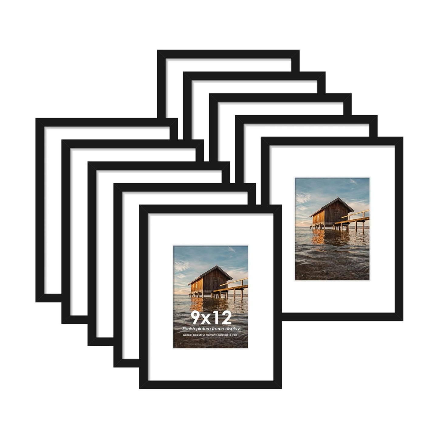 9x12 Picture Frame Sef of 10, for Wall Gallery Decor, Black | Display Pictures 6x8 with Mat or 9 x 12 Without Mat