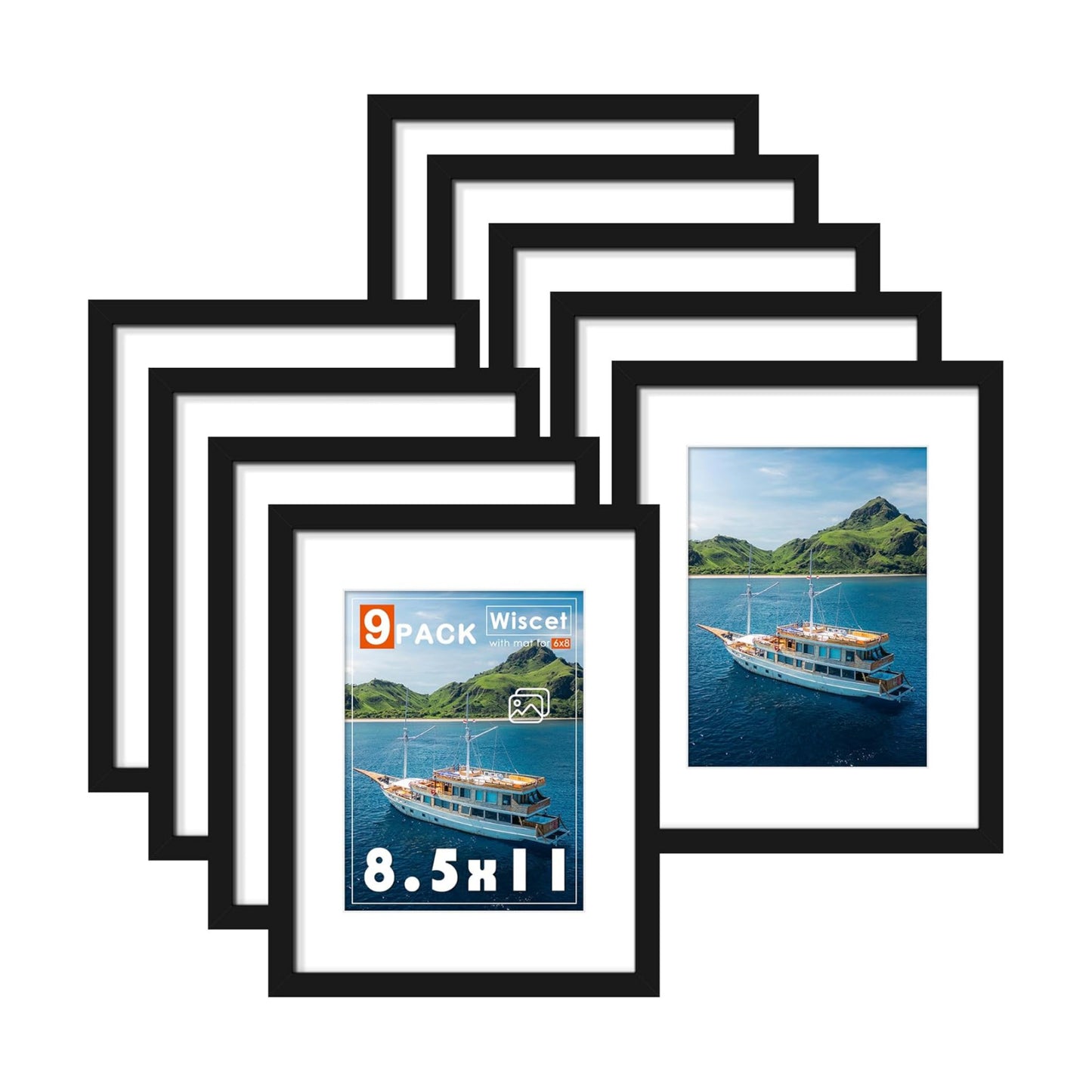 Wiscet 8.5x11 Picture Frame Set of 9, for Wall or Tabletop Display, Black | Display Pictures 6x8 with Mat or 8.5x11