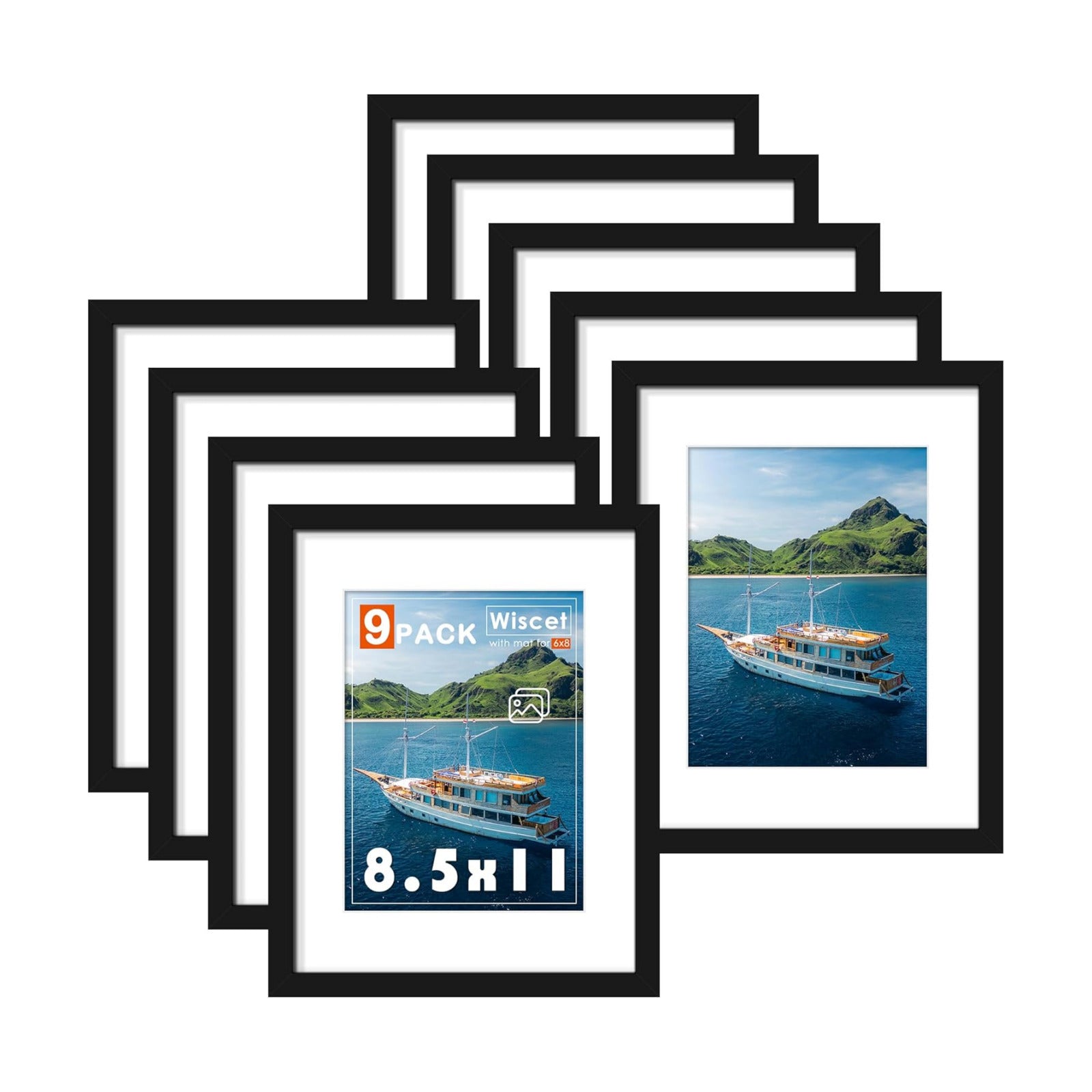 Wiscet 8.5x11 Picture Frame Set of 9, for Wall or Tabletop Display, Black | Display Pictures 6x8 with Mat or 8.5x11