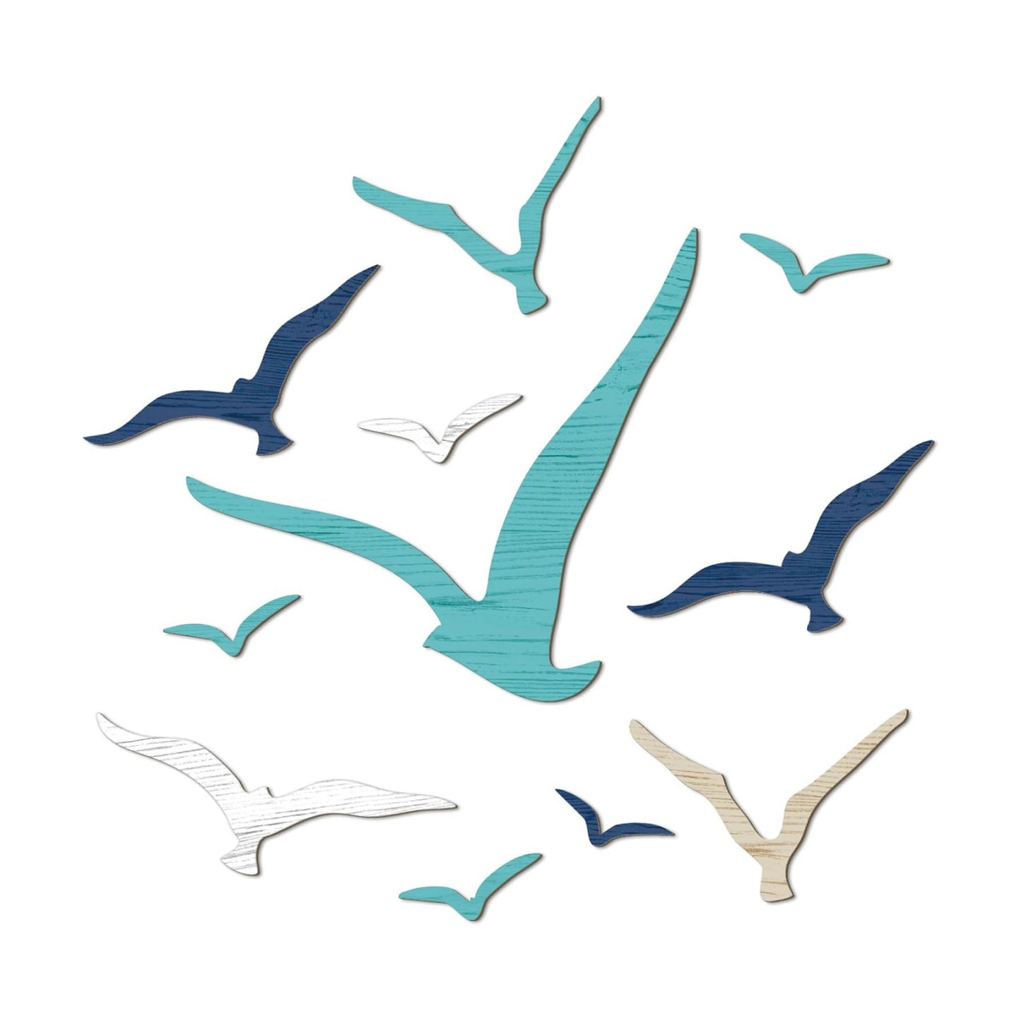Wooden Seagull Wall Decor Nautical Theme Beach Coastal Art Small / Brown Blue White / Set of 11