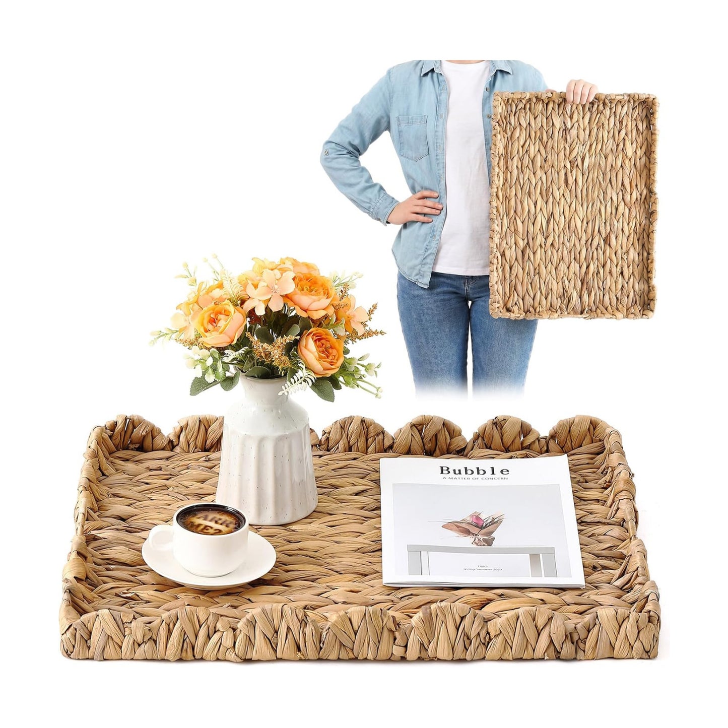 Scalloped Tray " Large Rectangle Woven Decorative Serving Tray / Water Hyacinth / 24 x 18 x 2.4