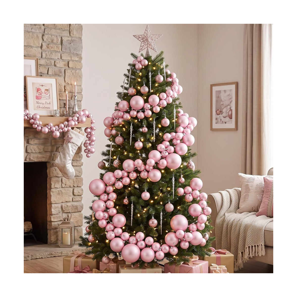 9 ft Christmas Ball Garland Ornaments Large Pink Hanging Shatterproof Xmas Balls Decorations for Home Indoor Outdoor