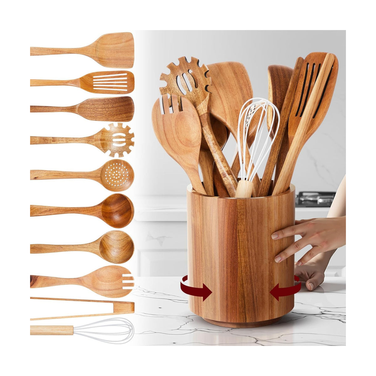 SiliFine 11 Pcs Wooden Kitchen Utensils Set with 360° Straight Rotating Holder Acacia Wood Cooking Utensils with