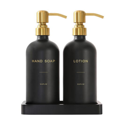 Prus Waso Soap Dispenser Bathroom Set, Gold & Black | Hand and Lotion Dispenser with Stainless Steel Pump, Perfect for