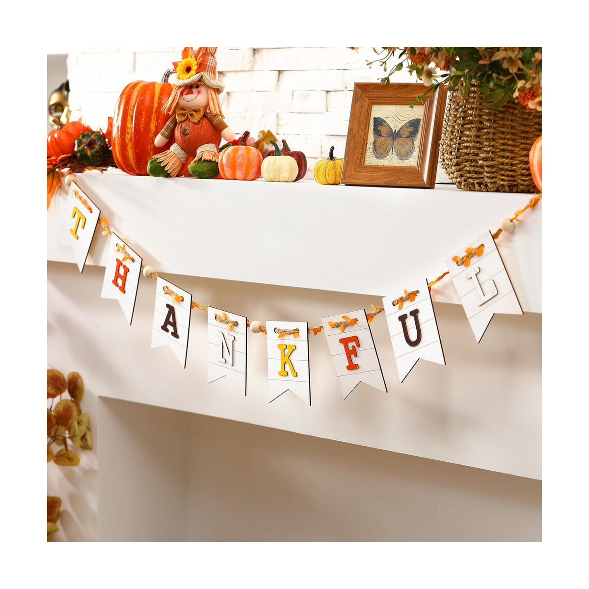 Marsui 5 ft Thanksgiving Banner Wooden Mantel Decor Thankful Banner Fireplace Garland Thanksgiving Rustic Farmhouse Decor for Harvest Party Home Indoor Fireplace Wall Celebration Shelf Display