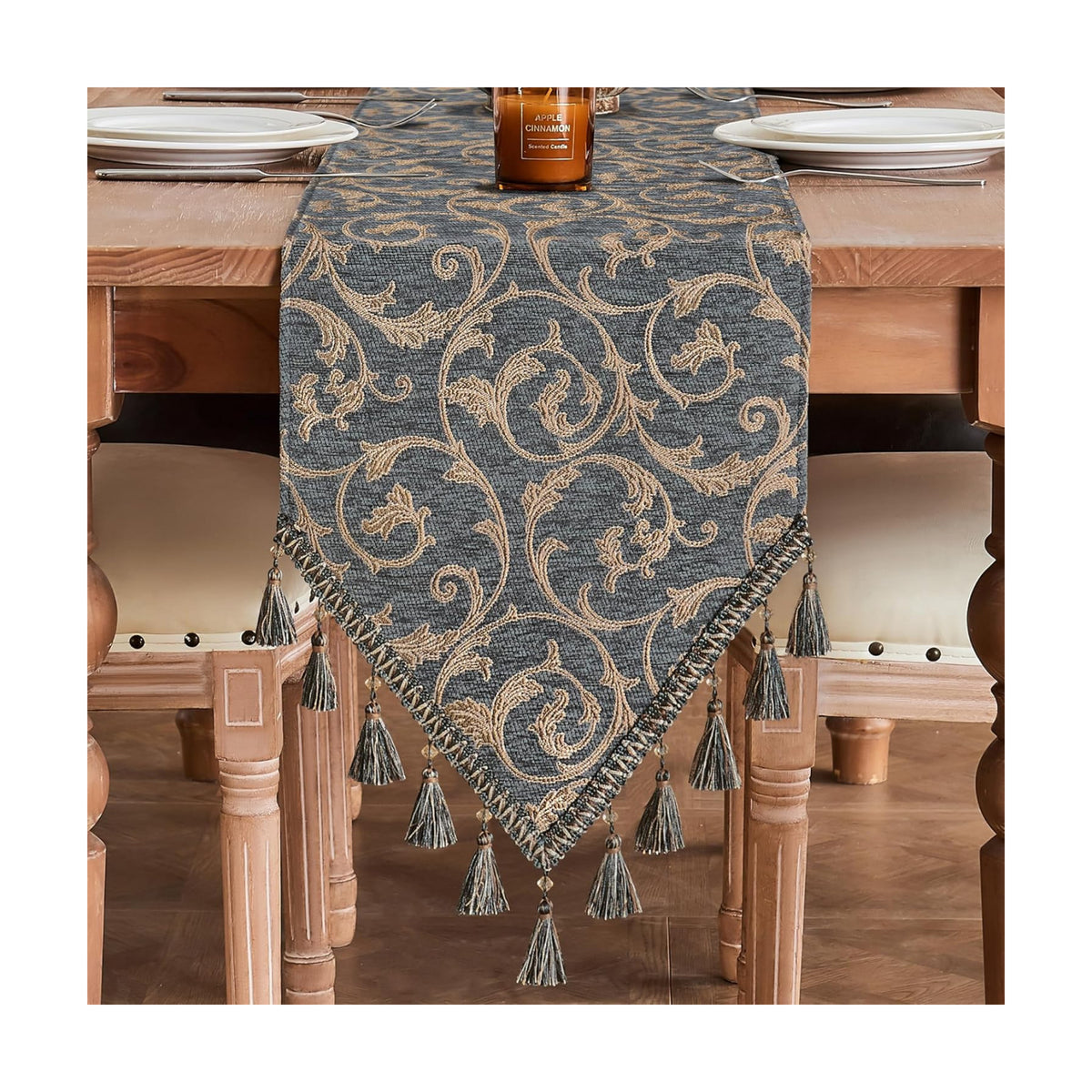 Loom and Mill Chenille Damask Table Runner 90 inches Long, Blue-Grey+Khaki | Classic Elegant Acanthus Jacquard Table
