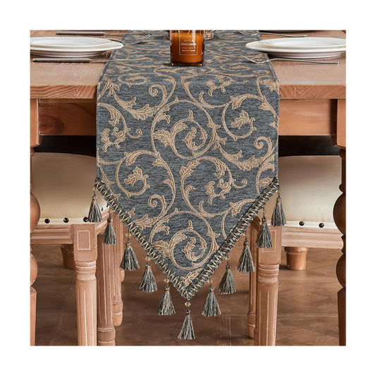 Loom and Mill Chenille Damask Table Runner 90 inches Long, Blue-Grey+Khaki | Classic Elegant Acanthus Jacquard Table