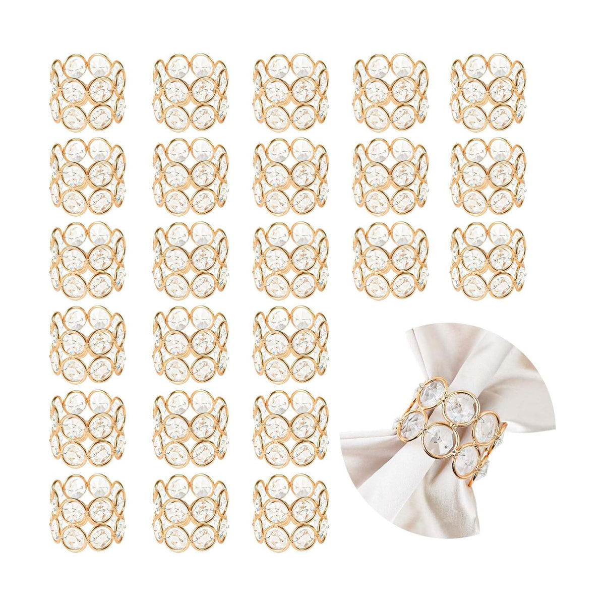 Crystal Metal Napkin Rings Set, Elegant Wedding/Party Table Decor, Shiny Holiday Dinner Accessories Bulk, Bridal Shower