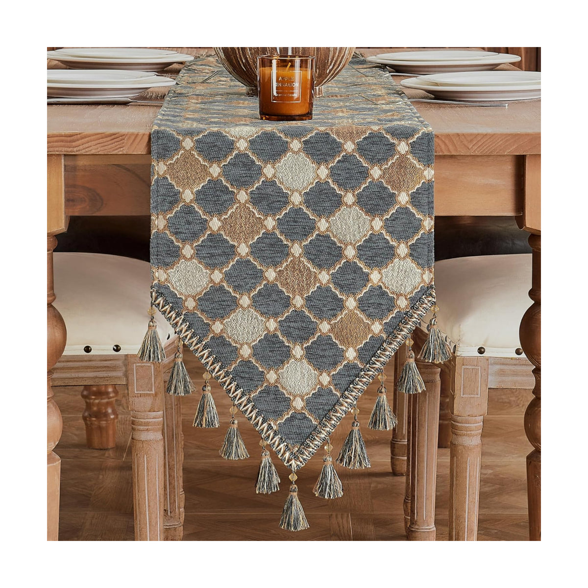 Loom and Mill Chenille Table Runner 108 inches Long, Blue-Grey+Khaki+Beige | Chic Checkered Pattern Jacquard Table