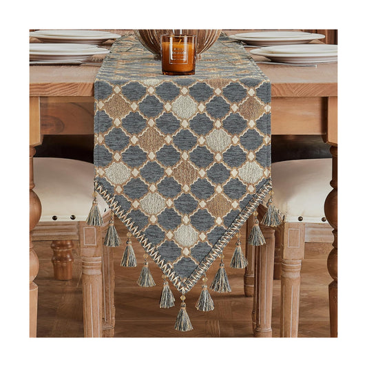 Loom and Mill Chenille Table Runner 108 inches Long, Blue-Grey+Khaki+Beige | Chic Checkered Pattern Jacquard Table