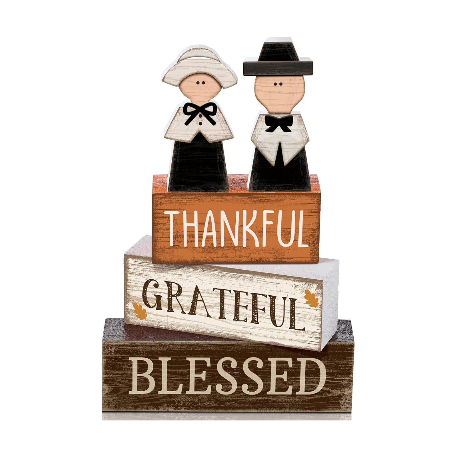 Lineshading 4 Pcs Wooden Fall Pilgrim Block Signs Tabletop Decor