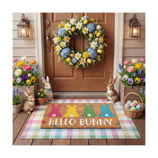 Tinideya 2 Pcs Hello Bunny Easter Layered Mat for Front Door