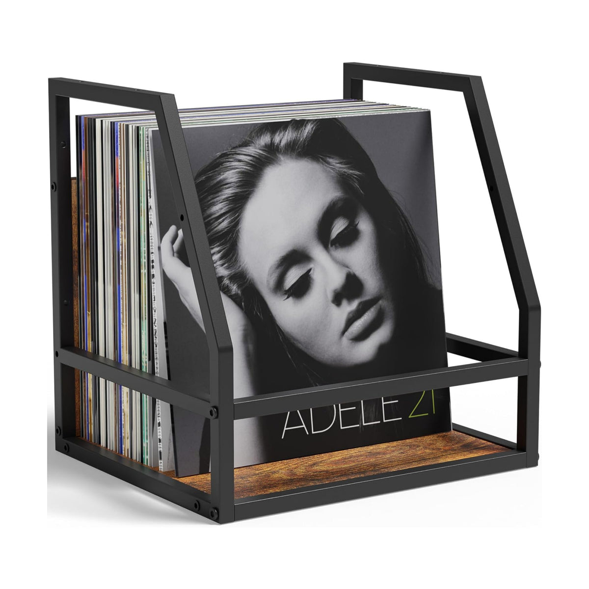 Y&M 2 In 1 Vinyl Record Storage Crate, 1PC Wood LP Holder, Wall Mount or Desktop Metal Album Organizer, Holds 80+