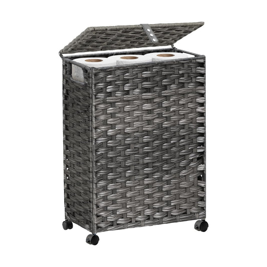 Hiagnete Toilet Paper Storage Basket with Lid and Wheels, Rattan Toilet Paper Holder Storage, Toilet Paper Organizer