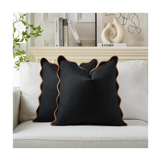 Scalloped Pillow Covers / Black & Khaki / 18 x 18 / Set of 2