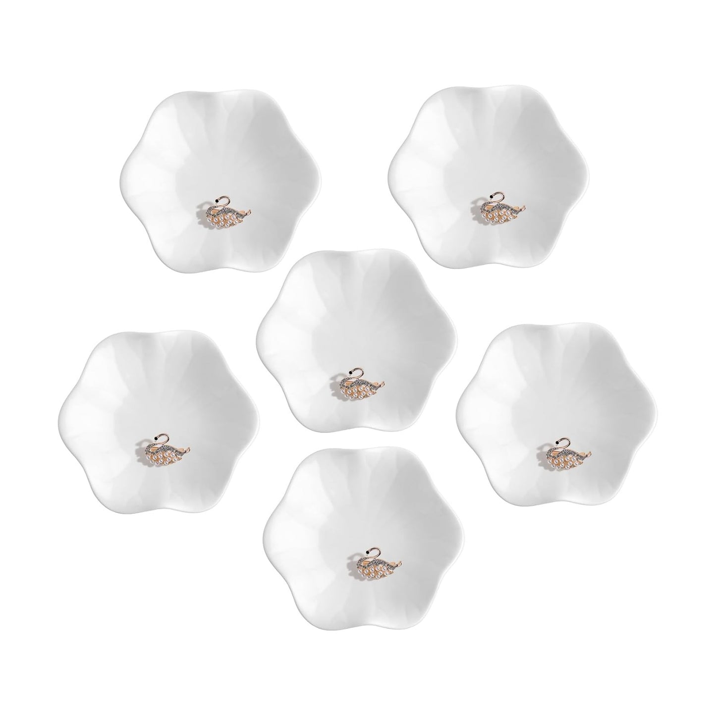 Ceramic Jewelry Tray in Ring Holder Trinket Dish / Flower / White / 4.5 Inch / Set of 6