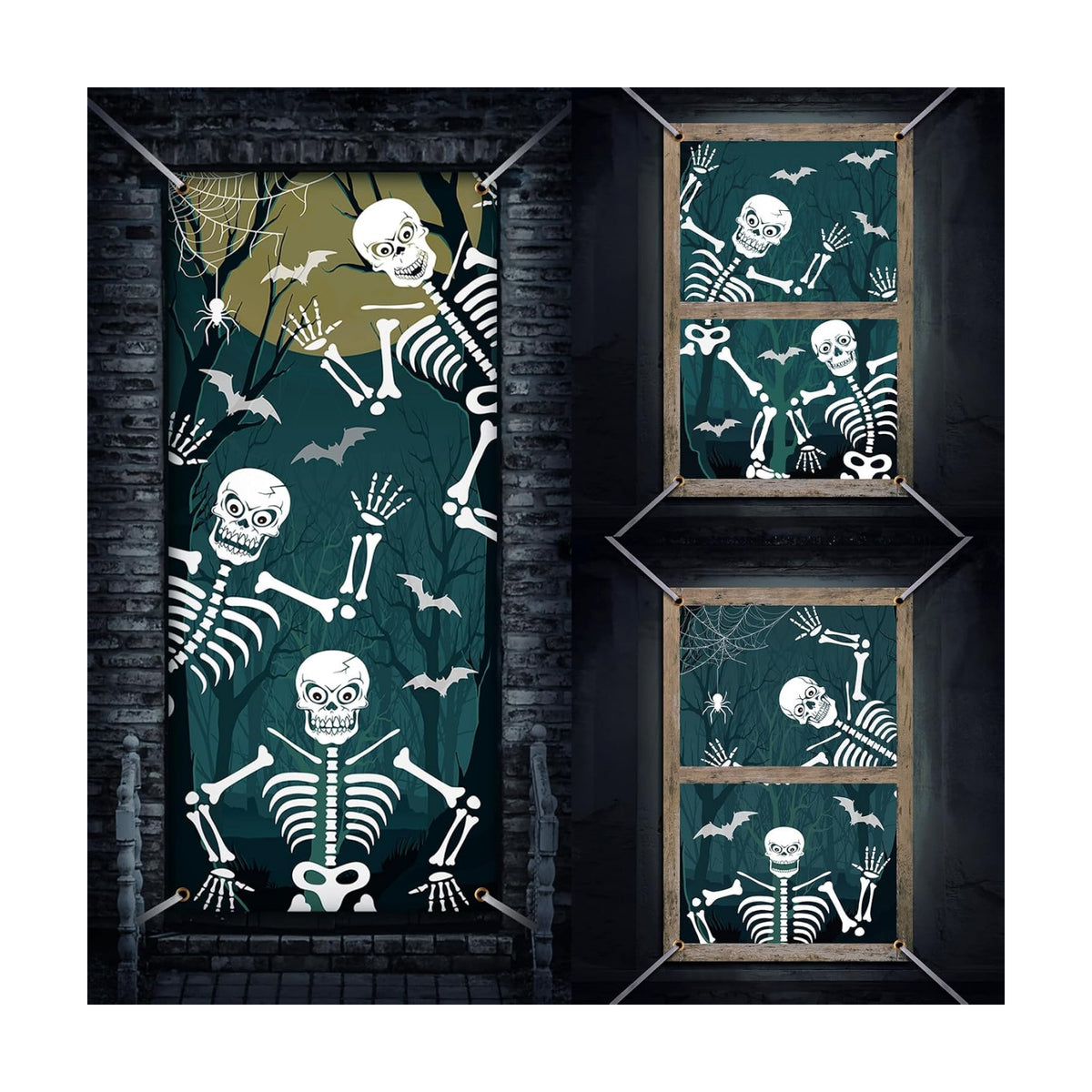 DoubleFill 3 Pcs Halloween Window Door Covers Set Skeleton Ghost Curtain