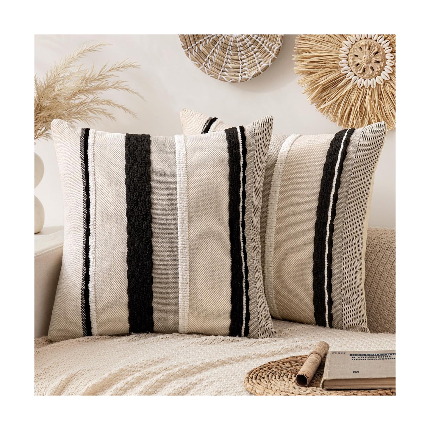 Boho Decorative Throw Pillow Covers Farmhouse Cushion / Black-white Stripe 2 / 18 x 18 / Set of 2