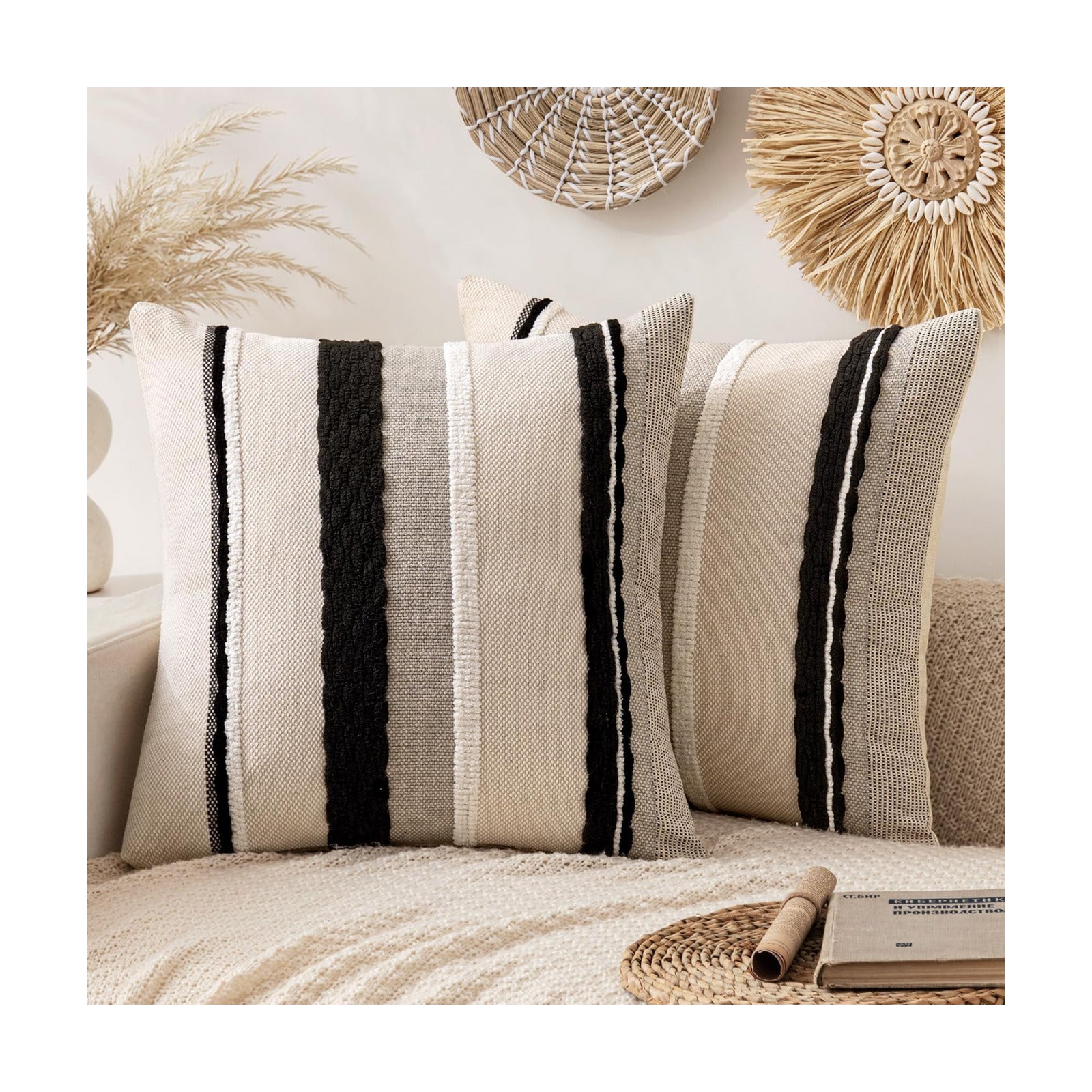 Boho Decorative Throw Pillow Covers Farmhouse Cushion / Black-white Stripe 2 / 18 x 18 / Set of 2