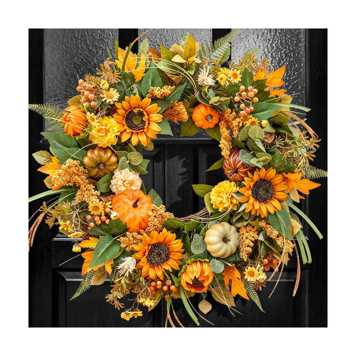 24 Inch Fall Wreaths for Front Door Outside with Sunflowers,Pumpkins,Leaves