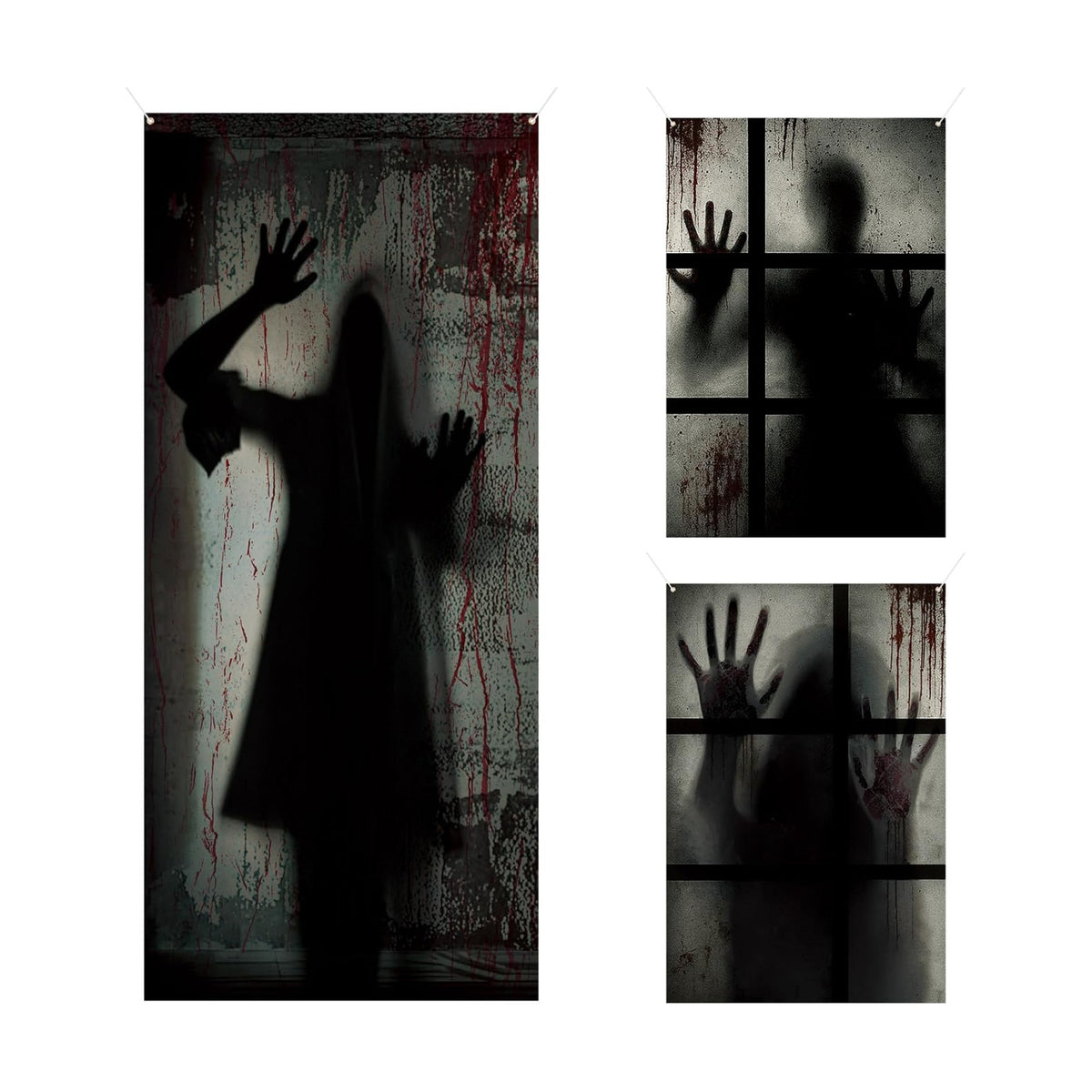DoubleFill 3 Pcs Halloween Window Door Covers Set Scary Ghost Curtain
